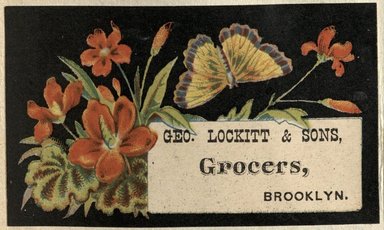 <em>"Tradecard. George Lockitt and Sons. Brooklyn."</em>. Printed material, 2 x 3in. (4.5 x 8cm). Brooklyn Museum, CHART_2012. (HF5841_C59_v2_p18j_tradecard_George_Lockitt_and_Sons.jpg