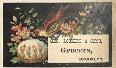 <em>"Tradecard. George Lockitt and Sons. Brooklyn."</em>. Printed material, 2 x 3in. (4.5 x 8cm). Brooklyn Museum, CHART_2012. (HF5841_C59_v2_p18l_tradecard_George_Lockitt_and_Sons.jpg
