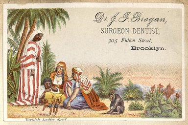 <em>"Tradecard. Dr. J.F. Brogan. 305 Fulton Street. Brooklyn."</em>. Printed material, 4 x 3in (12 x 7.75cm). Brooklyn Museum, CHART_2012. (HF5841_C59_v2_p20b_tradecard_Brogan.jpg