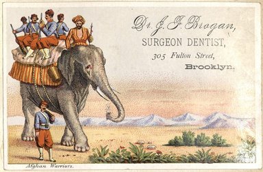 <em>"Tradecard. Dr. J.F. Brogan. 305 Fulton Street. Brooklyn."</em>. Printed material, 4 x 3in (12 x 7.75cm). Brooklyn Museum, CHART_2012. (HF5841_C59_v2_p20d_tradecard_Brogan.jpg