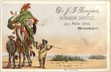 <em>"Tradecard. Dr. J.F. Brogan. 305 Fulton Street. Brooklyn."</em>. Printed material, 4 x 3in (12 x 7.75cm). Brooklyn Museum, CHART_2012. (HF5841_C59_v2_p20h_tradecard_Brogan.jpg