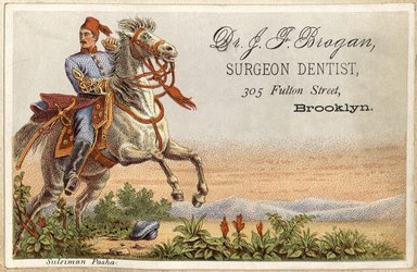 <em>"Tradecard. Dr. J.F. Brogan. 305 Fulton Street. Brooklyn."</em>. Printed material, 4 x 3in (12 x 7.75cm). Brooklyn Museum, CHART_2012. (HF5841_C59_v2_p20j_tradecard_Brogan.jpg