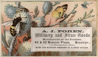 <em>"Tradecard. A.J. Foren. 40 and 42 Boerum Place. Brooklyn."</em>. Printed material, 2 x 3in. (4.5 x 8cm). Brooklyn Museum, CHART_2012. (Photo: F. Todd, HF5841_C59_v2_p21f_tradecard_Foren.jpg