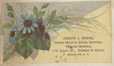 <em>"Tradecard. Joseph J. Byers. 110 Court Street. Brooklyn."</em>. Printed material, 2 x 3in. (4.5 x 8cm). Brooklyn Museum, CHART_2012. (HF5841_C59_v2_p21g_tradecard_Byers.jpg