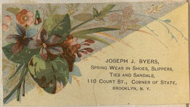 <em>"Tradecard. Joseph J. Byers. 110 Court Street. Brooklyn."</em>. Printed material, 2 x 3in. (4.5 x 8cm). Brooklyn Museum, CHART_2012. (HF5841_C59_v2_p21h_tradecard_Byers.jpg