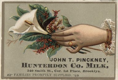 <em>"Tradecard. John T. Pinckney, Hunterdon Company. 340 Smith Street. Brooklyn."</em>. Printed material, 2 x 3in. (4.5 x 8cm). Brooklyn Museum, CHART_2012. (HF5841_C59_v2_p23e_tradecard_Pinckney.jpg