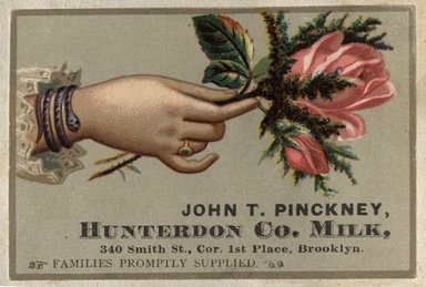 <em>"Tradecard. John T. Pinckney, Hunterdon Company. 340 Smith Street. Brooklyn."</em>. Printed material, 2 x 3in. (4.5 x 8cm). Brooklyn Museum, CHART_2012. (HF5841_C59_v2_p23f_tradecard_Pinckney.jpg