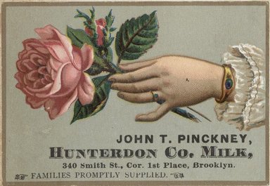 <em>"Tradecard. John T. Pinckney, Hunterdon Company. 340 Smith Street. Brooklyn."</em>. Printed material, 2 x 3in. (4.5 x 8cm). Brooklyn Museum, CHART_2012. (HF5841_C59_v2_p23g_tradecard_Pinckney.jpg