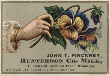 <em>"Tradecard. John T. Pinckney, Hunterdon Company. 340 Smith Street. Brooklyn."</em>. Printed material, 2 x 3in. (4.5 x 8cm). Brooklyn Museum, CHART_2012. (HF5841_C59_v2_p23h_tradecard_Pinckney.jpg