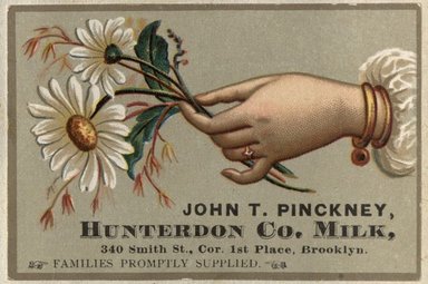 <em>"Tradecard. John T. Pinckney, Hunterdon Company. 340 Smith Street. Brooklyn."</em>. Printed material, 2 x 3in. (4.5 x 8cm). Brooklyn Museum, CHART_2012. (HF5841_C59_v2_p23i_tradecard_Pinckney.jpg