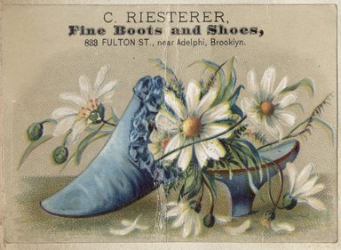 <em>"Tradecard. C. Riesterer. 833 Fulton Street. Brooklyn."</em>. Printed material, 2 x 3in. (4.5 x 8cm). Brooklyn Museum, CHART_2012. (HF5841_C59_v2_p25d_tradecard_Riesterer.jpg