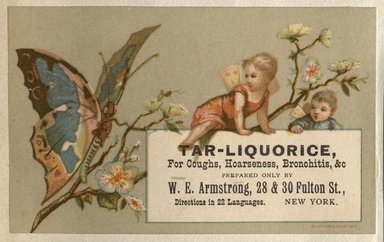 <em>"Tradecard. W.E. Armstrong. 28 and 30 Fulton Street. Brooklyn."</em>. Printed material, 2 x 3in. (4.5 x 8cm). Brooklyn Museum, CHART_2012. (Photo: Bufford, HF5841_C59_v2_p26f_tradecard_Armstrong.jpg