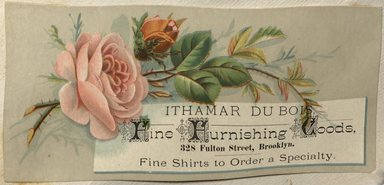 <em>"Tradecard. Ithamar Du Bois. 328 Fulton Street. Brooklyn."</em>. Printed material, 2 x 3in. (4.5 x 8cm). Brooklyn Museum, CHART_2012. (HF5841_C59_v2_p35e_tradecard_Du_Bois.jpg