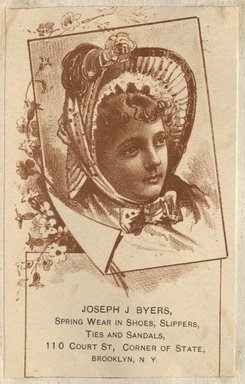 <em>"Tradecard. Joseph J. Byers. 110 Court Street. Brooklyn."</em>. Printed material, 4.5 x 3in (12 x 7.5cm). Brooklyn Museum, CHART_2012. (HF5841_C59_v2_p36d_tradecard_Byers.jpg