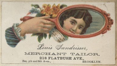 <em>"Tradecard. Louis Sandrisser. 218 Flatbush Avenue. Brooklyn."</em>. Printed material, 2 x 3in. (4.5 x 8cm). Brooklyn Museum, CHART_2012. (HF5841_C59_v2_p41a_tradecard_Sandrisser.jpg