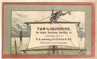 <em>"Tradecard. W.E. Armstrong. 28 and 30 Fulton Street. Brooklyn."</em>. Printed material, 2 x 3in. (4.5 x 8cm). Brooklyn Museum, CHART_2012. (HF5841_C59_v2_p42i_tradecard_Armstrong.jpg