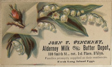 <em>"Tradecard. John T. Pinckney. 340 Smith Street. Brooklyn."</em>. Printed material, 2 x 3in. (4.5 x 8cm). Brooklyn Museum, CHART_2012. (HF5841_C59_v2_p47a_tradecard_Pinckney.jpg