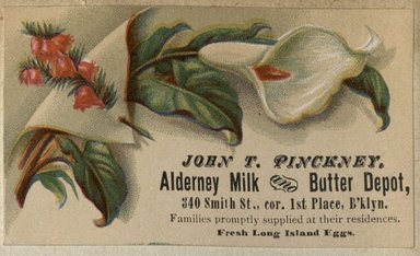 <em>"Tradecard. John T. Pinckney. 340 Smith Street. Brooklyn."</em>. Printed material, 2 x 3in. (4.5 x 8cm). Brooklyn Museum, CHART_2012. (HF5841_C59_v2_p47c_tradecard_Pinckney.jpg