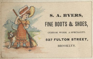 <em>"Tradecard. S.A. Byers. 527 Fulton Street. Brooklyn."</em>. Printed material, 2 x 3in. (4.5 x 8cm). Brooklyn Museum, CHART_2012. (HF5841_C59_v2_p47d_tradecard_S_A_Byers.jpg