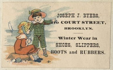 <em>"Tradecard. Joseph J. Byers. 110 Court Street. Brooklyn."</em>. Printed material, 2 x 3in. (4.5 x 8cm). Brooklyn Museum, CHART_2012. (HF5841_C59_v2_p47e_tradecard_Byers.jpg