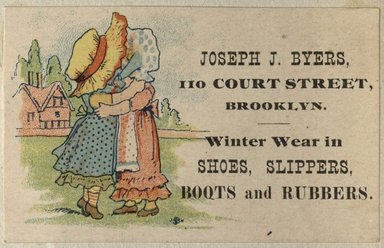 <em>"Tradecard. Joseph J. Byers. 110 Court Street. Brooklyn."</em>. Printed material, 2 x 3in. (4.5 x 8cm). Brooklyn Museum, CHART_2012. (HF5841_C59_v2_p47f_tradecard_Byers.jpg