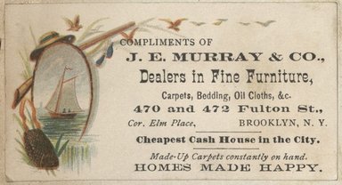 <em>"Tradecard. J.E. Murray and Company. 470 and 472 Fulton Street. Brooklyn."</em>. Printed material, 2 x 3in. (4.5 x 8cm). Brooklyn Museum, CHART_2012. (HF5841_C59_v2_p47j_tradecard_Murray.jpg