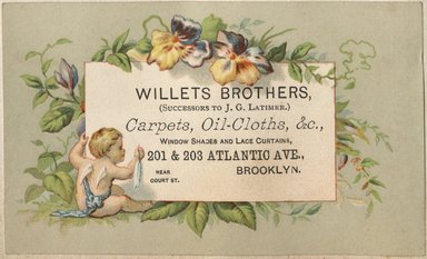 <em>"Tradecard. Willets Brothers. 201 and 203 Atlantic Avenue. Brooklyn."</em>. Printed material, 2 x 3in. (4.5 x 8cm). Brooklyn Museum, CHART_2012. (HF5841_C59_v2_p47m_tradecard_Willets.jpg