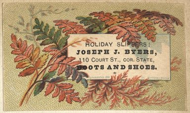 <em>"Tradecard. Joseph J. Byers. 110 Court Street. Brooklyn."</em>. Printed material, 2 x 3in. (4.5 x 8cm). Brooklyn Museum, CHART_2012. (HF5841_C59_v2_p48c_tradecard_Byers.jpg