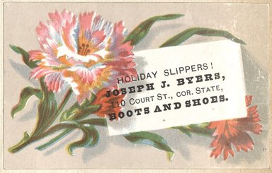 <em>"Tradecard. Joseph J. Byers. 110 Court Street. Brooklyn."</em>. Printed material, 2 x 3in. (4.5 x 8cm). Brooklyn Museum, CHART_2012. (HF5841_C59_v2_p48h_tradecard_Byers.jpg