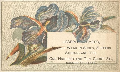 <em>"Tradecard. Joseph J. Byers. 110 Court Street. Brooklyn."</em>. Printed material, 2 x 3in. (4.5 x 8cm). Brooklyn Museum, CHART_2012. (HF5841_C59_v2_p48j_tradecard_Byers.jpg