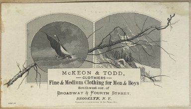 <em>"Tradecard. McKeon and Todd. Corner of Broadway and Fourth Street. Brooklyn."</em>. Printed material, 2 x 3in. (4.5 x 8cm). Brooklyn Museum, CHART_2012. (Photo: Farmer, Livermore and Company., HF5841_C59_v2_p59c_tradecard_Mckeon_and_Todd.jpg