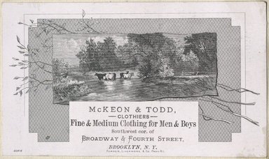 <em>"Tradecard. McKeon and Todd. Corner of Broadway and Fourth Street. Brooklyn."</em>. Printed material, 2 x 3in. (4.5 x 8cm). Brooklyn Museum, CHART_2012. (Photo: Farmer, Livermore and Company., HF5841_C59_v2_p59e_tradecard_Mckeon_and_Todd.jpg