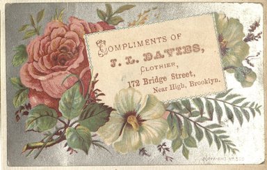 <em>"Tradecard. J.L. Davies. 172 Bridge Street. Brooklyn."</em>. Printed material, 2 x 3in. (4.5 x 8cm). Brooklyn Museum, CHART_2012. (HF5841_C59_v2_p62e_tradecard_Davies.jpg