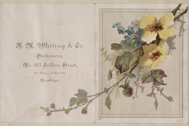 <em>"Tradecard. R.M. Whiting and Company. 413 Fulton Street. Brooklyn."</em>. Printed material, 4 x 7in (11.25 x 18cm). Brooklyn Museum, CHART_2012. (HF5841_C59_v2_p80f_tradecard_Whiting_and_Company.jpg