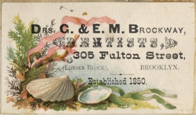 <em>"Tradecard. Doctors G. and E.M. Brockway. 305 Fulton Street. Brooklyn."</em>. Printed material, 2 x 3in. (4.5 x 8cm). Brooklyn Museum, CHART_2012. (HF5841_C59_v2_p81b_tradecard_Brockway.jpg