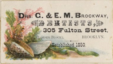 <em>"Tradecard. Doctors G. and E.M. Brockway. 305 Fulton Street. Brooklyn."</em>. Printed material, 2 x 3in. (4.5 x 8cm). Brooklyn Museum, CHART_2012. (HF5841_C59_v2_p81g_tradecard_Brockway.jpg