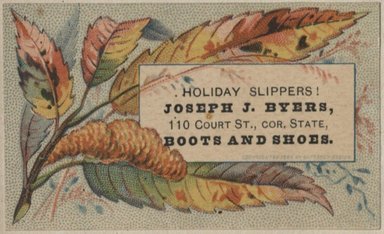 <em>"Tradecard. Joseph J. Byers. 110 Court Street. Brooklyn."</em>. Printed material, 2 x 3in. (4.5 x 8cm). Brooklyn Museum, CHART_2012. (HF5841_C59_v2_p82f_tradecard_Byers.jpg