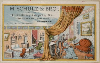 <em>"Tradecard. M. Schulz and Brothers. 504 Fulton Street. Brooklyn."</em>. Printed material, 5.5 x 3.5in (14.5 x 8.75cm). Brooklyn Museum, CHART_2012. (HF5841_C59_v2_p84d_tradecard_Schulz_and_Brothers.jpg