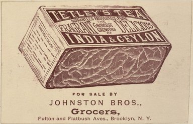 <em>"Trade card. Johnston Brothers, Grocers. Fulton and Flatbush Avenues. Brooklyn."</em>. Printed material, 3.25 x 5in (8.26 x 12.7cm). Brooklyn Museum, CHART_2012. (HF5841_C59_v3_p21b_tradecard_Johnston_Bros.jpg