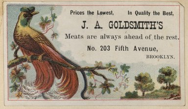 <em>"Trade card. J.A. Goldsmith's. 203 Fifth Avenue. Brooklyn."</em>. Printed material, 2 x 3.5in (5.08 x 8.89cm). Brooklyn Museum, CHART_2012. (HF5841_C59_v3_p38a_tradecard_JA_Goldsmiths.jpg