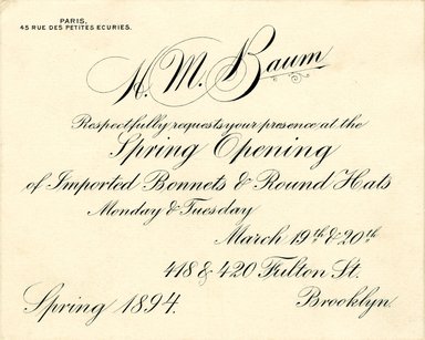 <em>"Trade Card, 1894. H.M. Baum. 418 and 420 Fulton Street. Brooklyn. Recto."</em>, 1894. Printed material, 4  x 5in (10.25 x 12.75cm). Brooklyn Museum, CHART_2012. (HF5841_C59_v4_p02b_tradecard_Baum_recto.jpg