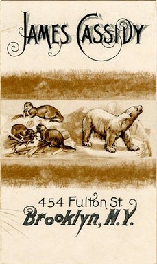<em>"Trade Card, 1895. James Cassidy Furrier. 454 Fulton Street. Brooklyn. Recto."</em>, 1895. Printed material, 4.4  x  2.68in (11.25 x 6.75cm). Brooklyn Museum, CHART_2012. (HF5841_C59_v4_p05b_tradecard_Cassidy_recto.jpg