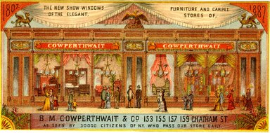 <em>"Trade Card, 1882. B.M. Cowperthwait and Company. 408, 410 and 412 Fulton Street. Brooklyn. Recto."</em>, 1882. Printed material, 3.5 x 7.5in (9.3 x 19.3cm). Brooklyn Museum, CHART_2012. (HF5841_C59_v4_p06b_tradecard_Cowperthwait_recto.jpg