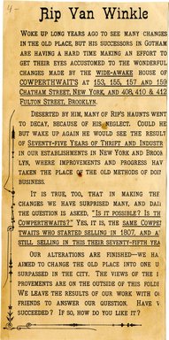 <em>"Trade Card, 1882. B.M. Cowperthwait and Company. 408, 410 and 412 Fulton Street. Brooklyn. Verso."</em>, 1882. Printed material, 7.5 x 3.5in (19.3 x 9.3cm). Brooklyn Museum, CHART_2012. (HF5841_C59_v4_p06b_tradecard_Cowperthwait_verso.jpg