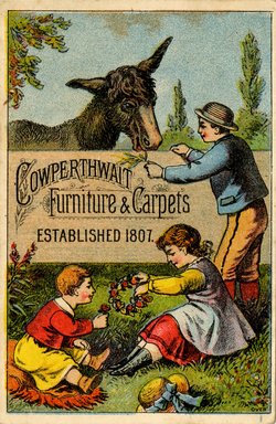 <em>"Trade Card, 1881. B.M. Cowperthwait and Company. 408, 410 and 412 Fulton Street. Brooklyn. Recto."</em>, 1881. Printed material, 4.1 x 2.75in (10.5 x 7cm). Brooklyn Museum, CHART_2012. (HF5841_C59_v4_p07a_tradecard_Cowperthwait_recto.jpg