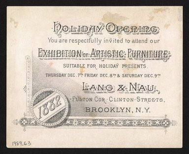 <em>"Trade Card, 1882. Lang and Nau. 292 and 294 Fulton Street. Brooklyn. Verso."</em>, 1882. Printed material, 4.1 x 5.1in (10.5 x 13cm). Brooklyn Museum, CHART_2012. (Photo: Sackett, Wilhelms and Betzig, HF5841_C59_v4_p18a_tradecard_Lang_Nau_verso_1989.63_SL1.jpg
