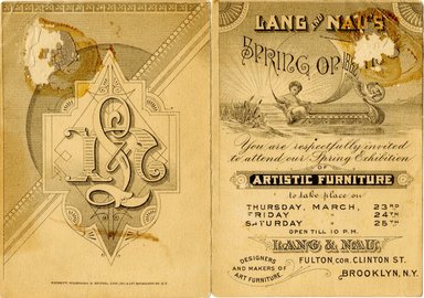 <em>"Trade Card, 1882. Lang and Nau. 292 and 294 Fulton Street. Brooklyn. Verso."</em>, 1882. Printed material, 4.7 x 6.9in (12 x 17.5cm). Brooklyn Museum, CHART_2012. (Photo: Sackett, Wilhelms and Betzig, HF5841_C59_v4_p18b_tradecard_Lang_Nau_verso.jpg