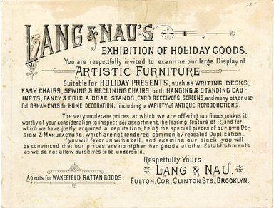 <em>"Trade Card. Lang and Nau. 292 and 294 Fulton Street. Brooklyn. Verso."</em>. Printed material, 4.5 x 5.9in (11.5 x 15cm). Brooklyn Museum, CHART_2012. (Photo: Sackett, Wilhelms and Betzig, HF5841_C59_v4_p19a_tradecard_Lang_Nau_verso.jpg