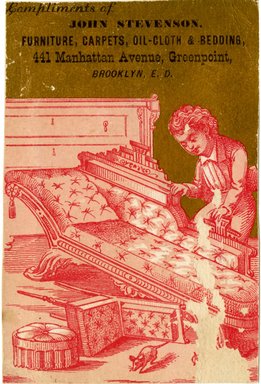 <em>"Trade Card. John Stevenson. 441 Manhattan Avenue. Brooklyn. Recto."</em>. Printed material, 3.9 x 4.4in (10 x 6.75cm). Brooklyn Museum, CHART_2012. (HF5841_C59_v4_p26a_tradecard_Stevenson_recto.jpg