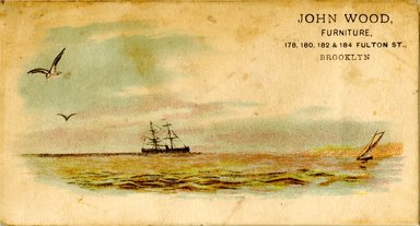 <em>"Trade Card. John Wood, Furniture. 178, 180, 182 and 184 Fulton Street. Brooklyn. Recto."</em>. Printed material, 2.8 x 5.2in (7 x 13.25cm). Brooklyn Museum, CHART_2012. (HF5841_C59_v4_p28c_tradecard_Wood_recto.jpg
